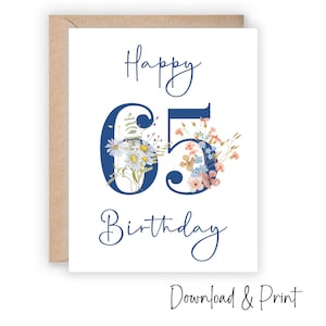 Druckbare Karte zum 65.Geburtstag in den Größen 18x12,5 und A2, Feiern Sie Ihren 65.Geburtstag mit einer fröhlichen Wildblumen Karte, DIGITALER DOWNLOAD