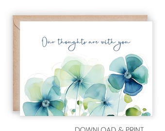 Afdrukbare condoleancekaart: onze gedachten zijn bij je bloemen (formaten 5 x 7 en A2, digitale download)