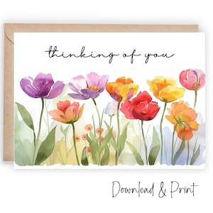 Afdrukbare Thinking Of You-kaart, laat het weten en laat iemand weten dat je aan ze denkt, formaten 7 x 5 en A2, DIGITALE DOWNLOAD