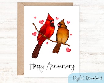 Happy Anniversary card in sizes 5x7 and A2, Printable two cardinals in love to say Happy Anniversary to your loved one, DIGITAL DOWNLOAD