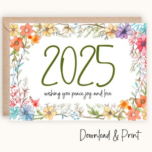 Cartes de nouvel an 2025, voeux de bonne année, carte florale de joyeuses fêtes, célébration du nouvel an, carte bricolage imprimable, téléchargement numérique