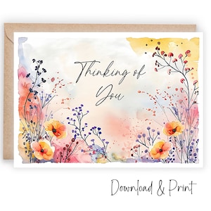 Afdrukbare Thinking Of You-kaart, laat het weten en laat iemand weten dat je aan ze denkt, formaten 7 x 5 en A2, DIGITALE DOWNLOAD