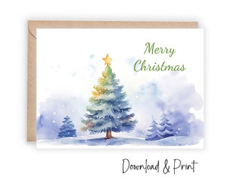 Printable Christmas Card, Watercolor Christmas tree with a star marking the way, Merry Christmas Landscape, 5x7 & A2, DIGITAL DOWNLOAD