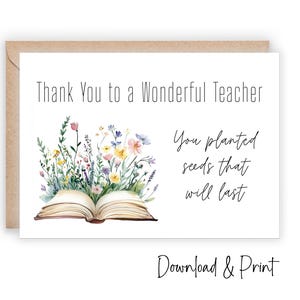 Lehrer Dankeskarte, druckbares Geschenk von Schüler oder Eltern, florales Design zur Wertschätzung des Lehrers, zwei Kartengrößen, DIGITALER DOWNLOAD