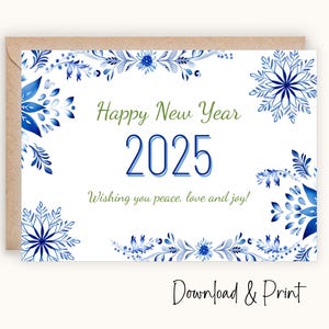 Tarjeta imprimible de Feliz Año Nuevo 2025. Desea paz, amor y alegría en el nuevo año. Varios tamaños: 7" x 5" y A2. DESCARGA DIGITAL