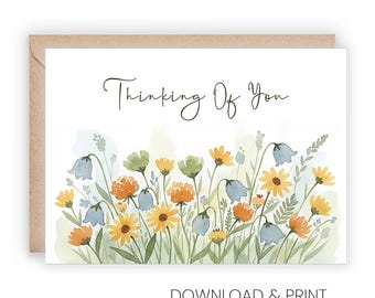 Cartão imprimível "Pensando em você" para amigo(a) — Aquarela floral (Tamanhos 5x7 e A2)