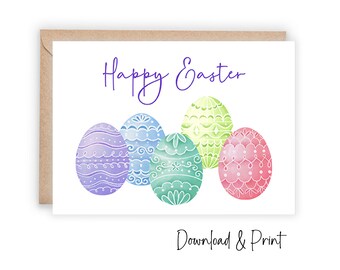 Printable Happy Easter card with colorful Easter eggs,  Simple Easter greeting card to print at home, DIGITAL DOWNLOAD