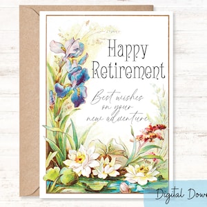 Tarjeta de jubilación imprimible en tamaños 7x5 y A2, mis mejores deseos para una feliz jubilación con algunas flores vintage, DESCARGA DIGITAL