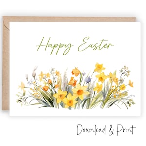 Biglietto d'auguri di buona Pasqua stampabile, graziosi fiori ad acquerello per celebrare la stagione pasquale con amici e familiari, DOWNLOAD DIGITALE