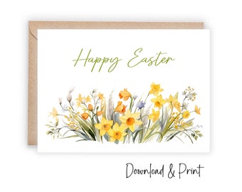 Afdrukbare Happy Easter-wenskaart, mooie aquarelbloemen om het paasseizoen te vieren met vrienden en familie, DIGITALE DOWNLOAD