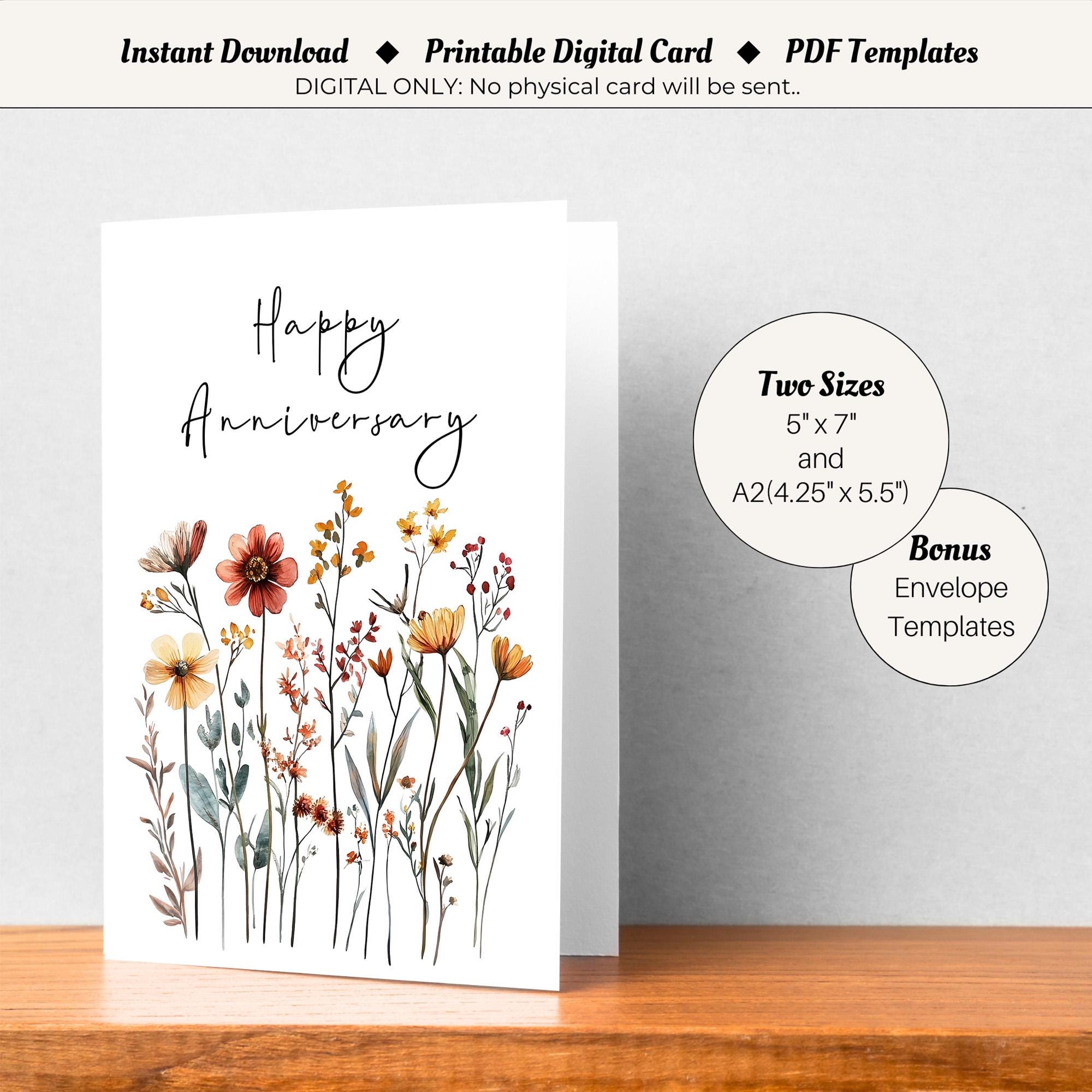 Printable Happy Wedding Anniversary Card With Autumn Flowers (sizes 5x7 ...