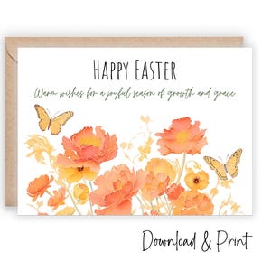 Biglietto di auguri di buona Pasqua stampabile, fiori e farfalle graziosi per celebrare la stagione pasquale con amici e familiari, DOWNLOAD DIGITALE
