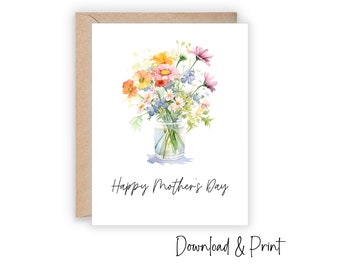 Printable Mothers Day Card, Pretty floral card for mom on her special day, Watercolor bouquet of flowers, Sizes 5x7 & A2, DIGITAL DOWNLOAD