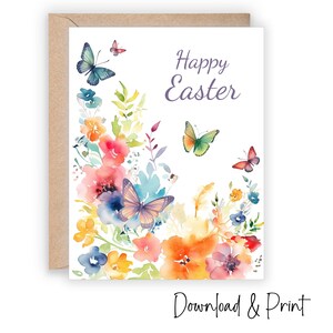 Biglietto di auguri di buona Pasqua stampabile, fiori e farfalle per celebrare la stagione pasquale con amici e familiari, DOWNLOAD DIGITALE