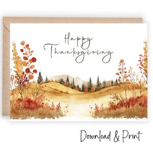 Afdrukbare Happy Thanksgiving-wenskaart, vier herfst herfstseizoen met dankbaar dankbaarheid landschap, maten 5 x 7 en A2, DIGITALE DOWNLOAD