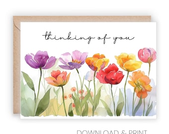 Printable Cheery Floral Thinking Of You Card (Sizes 5x7 & A2)