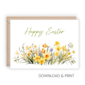 Afdrukbare Happy Easter-wenskaart, mooie aquarel narcissen (formaten 5 x 7 en A2, digitale download)
