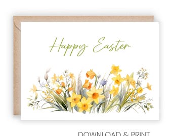 Printable Happy Easter Greeting Card, Pretty watercolor daffodils (Sizes 5x7 & A2, Digital Download)