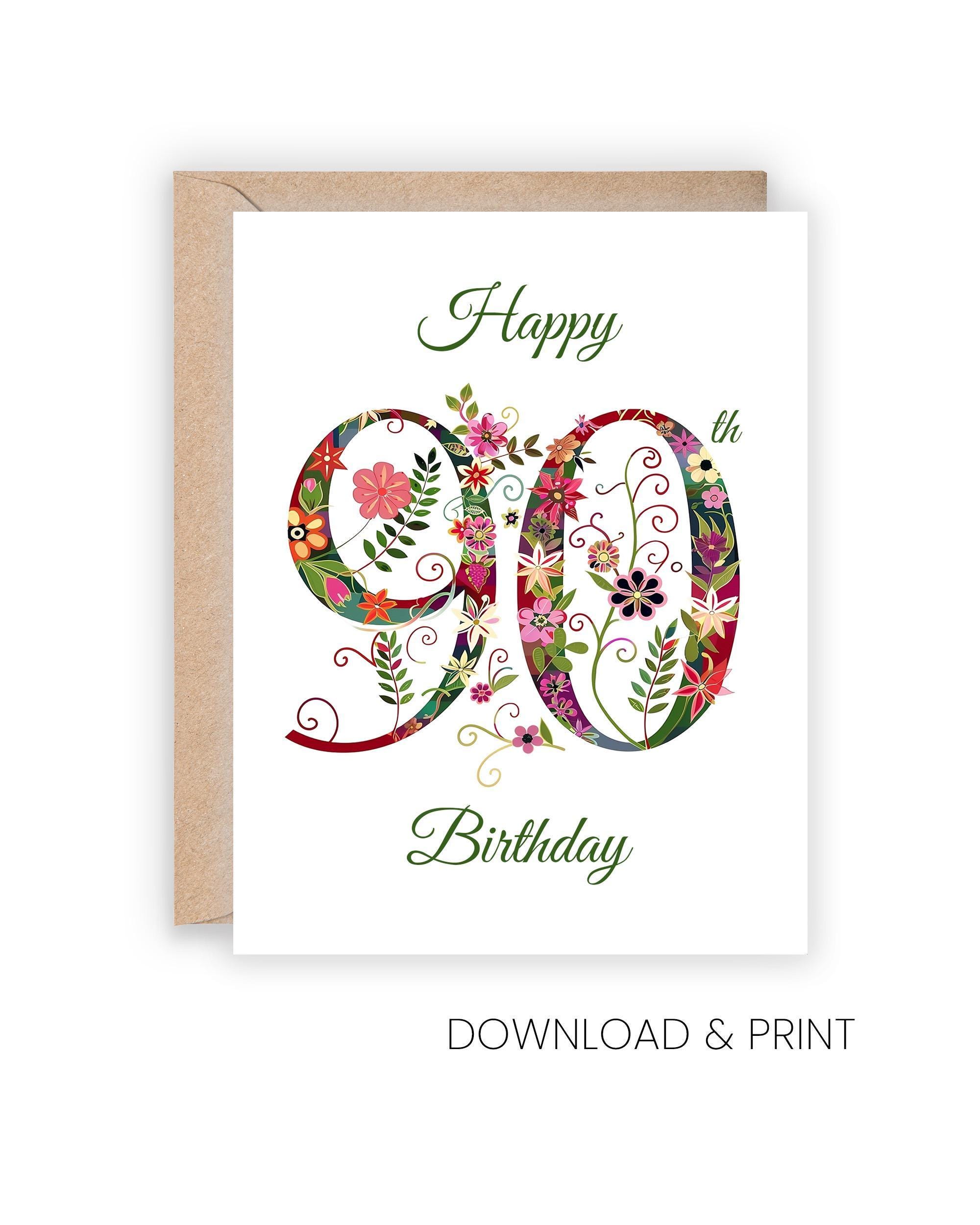 Biglietto Auguri 90° Compleanno Elegante Goffrato, Formato 16x16 Cm, Con Busta, Per Regali In Denaro, BE320
