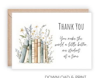 Tarjeta de agradecimiento para el profesor con diseño floral en acuarela: Plantillas PDF imprimibles (tamaños 5x7 y A2, descarga digital)