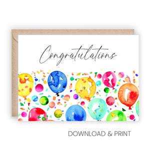 Printable Congratulations Card: Festive Balloons (Sizes 5x7 & A2, Digital Download)
