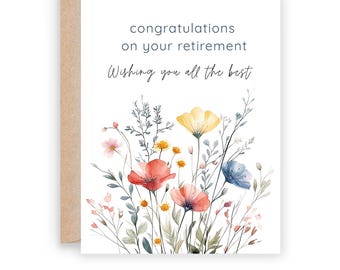 Printable Retirement Congratulations Card: Watercolor Wildflowers (Sizes 5x7 & A2, Digital Download)