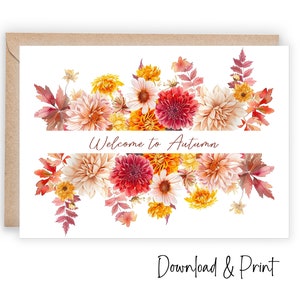 Tarjeta de felicitación de otoño imprimible, pensando en ti este otoño y enviando una bonita alegría floral de especias de calabaza, DESCARGA DIGITAL