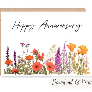 Tarjeta de feliz aniversario imprimible en tamaños 7x5 y A2, Celebre un aniversario de bodas con hermosas flores silvestres, DESCARGA DIGITAL