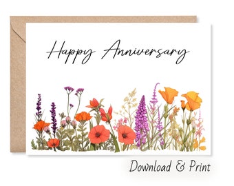 Printable Happy Anniversary card in sizes 7x5 and A2, Celebrate a wedding anniversary with pretty wildflowers , DIGITAL DOWNLOAD