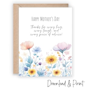Muttertagskarte zum Muttertag, Karte zum Ausdrucken mit hübschen Aquarellblüten als Dankeschön für Mama für alles, was sie für sie tut