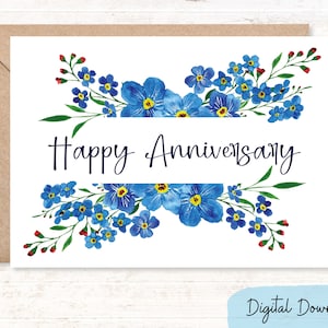 Biglietto di auguri per l'anniversario stampabile in formato 5x7 e A2, graziosi nontiscordardime blu per augurare buon anniversario a una coppia speciale, DOWNLOAD DIGITALE