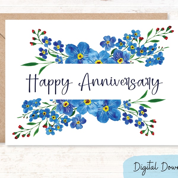 Printable Anniversary card in sizes 5x7 and A2, Pretty blue Forget-Me-Nots to say Happy Anniversary to a special couple, DIGITAL DOWNLOAD