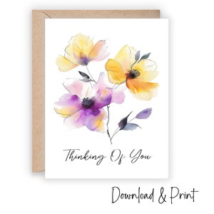 Afdrukbare Thinking Of You-kaart - medeleven en condoleances met een eenvoudige bloemenaquarel - Sorry voor je verlies - DIGITALE DOWNLOAD