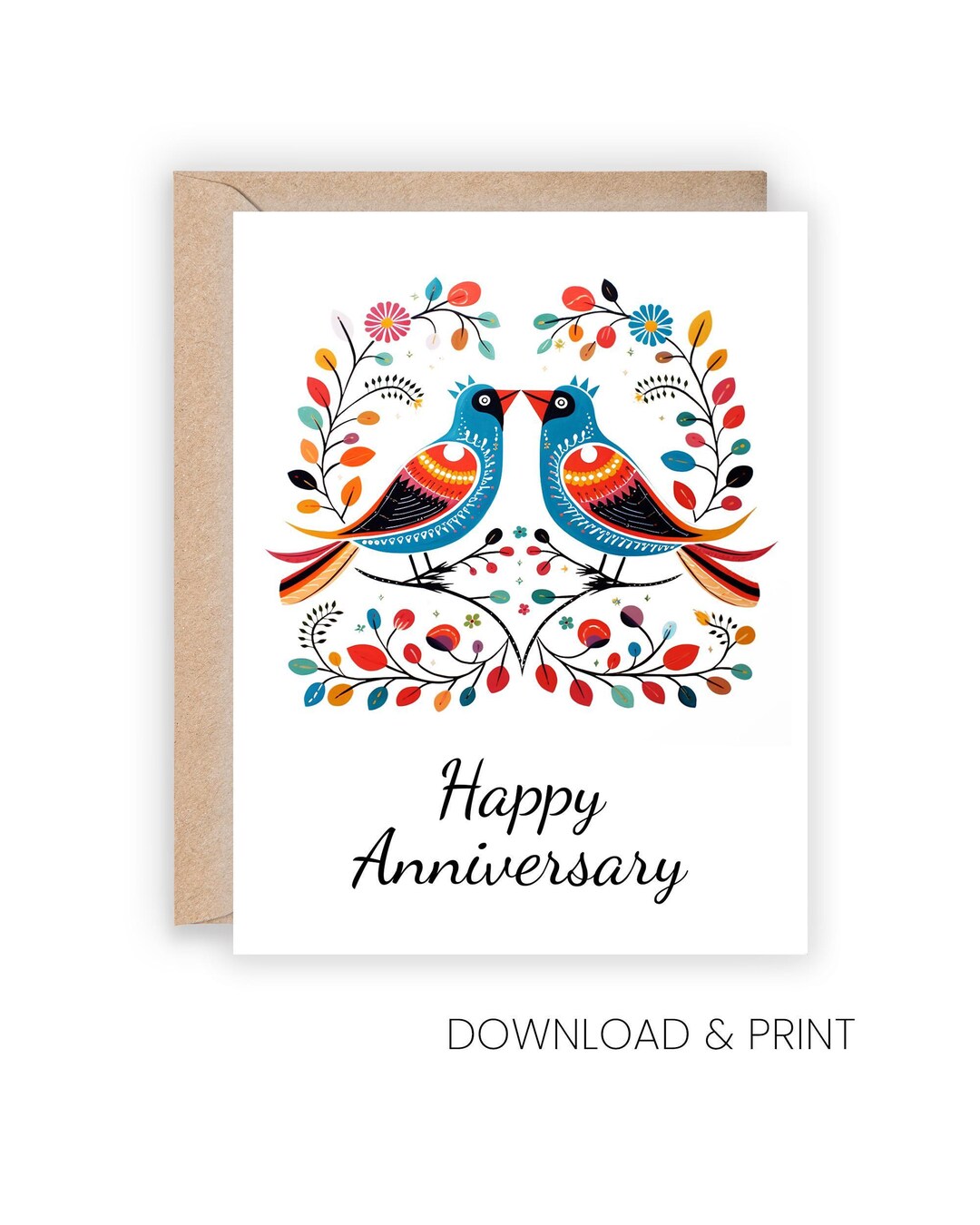 Folk Art Love Birds Printable Anniversary Card (sizes 5x7 & A2, Digital ...