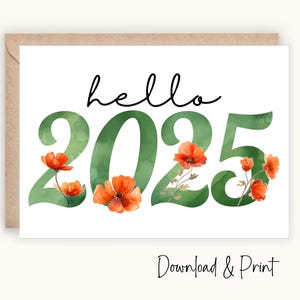 Bonjour carte imprimable 2025, voeux de bonne année, simple carte de célébration du nouvel an 2025, carte bricolage imprimable, téléchargement numérique