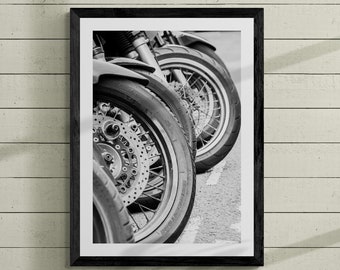 Sleek Monochrome Close Up of Parked Motorbike Wheels: Modern Wall Art Print