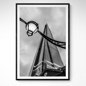 Elegant Monochrome Print: The Shard, London Skyline at Dawn with Vintage Street Light