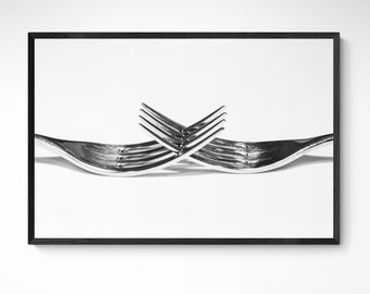 Modern Kitchen Decor: Crossed Steel Forks Minimalist Close Up Print