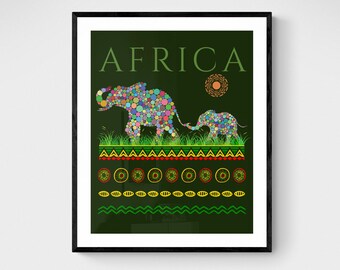 Africa Travel Poster, Elephants Dot Art Silhouettes, colourful African Vibes Home Decor