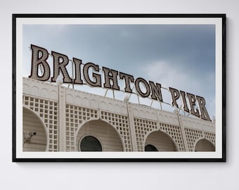 Brighton Pier sign, classic British summer tourist attraction seaside resort wall art print
