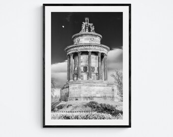 Burns Monument, Edinburgh, Scotland art print, black and white poster