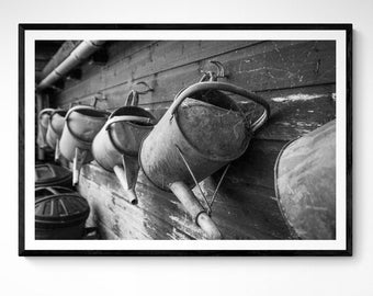 Rustic water cans in monochrome, gardening tools, wall art gift for gardeners
