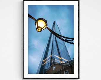 Elegant Colour Print: The Shard, London Skyline at Dawn with Vintage Street Light