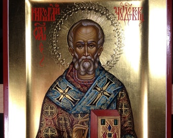 Orthodox Icon of Saint Nicholas the Wonderworker, Hand Painted 5.9" by 7.9" by IkonArtMaster