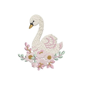 May include: White swan with pink and green floral accents. The swan is surrounded by pink flowers with yellow centers and green leaves.