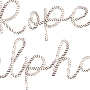 Op de afbeelding: Touw alfabet ontwerp met de woorden "Rope alpha" in een wit touw lettertype.
