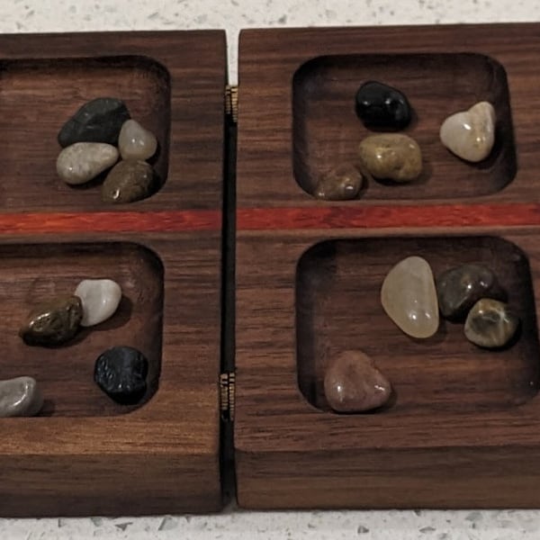 Handmade Wooden Folding Travel Mancala Board with Stone Playing Pieces