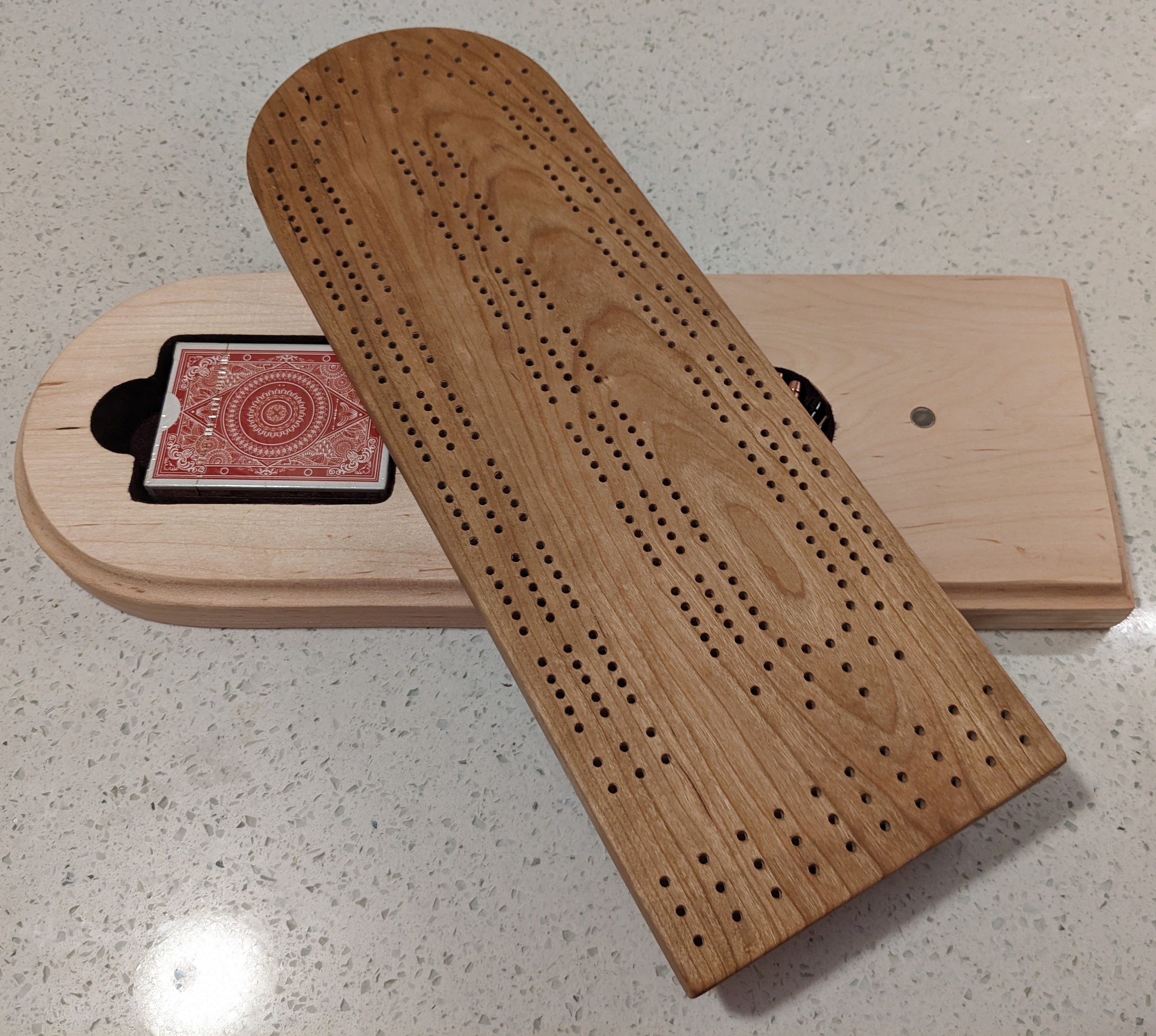 3 Player Cribbage Board With Hidden Card and Peg Storage (1 Deck of