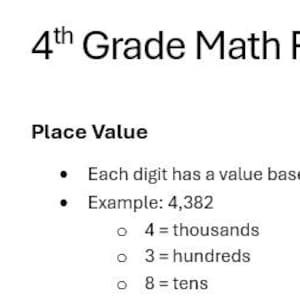 Op de afbeelding: Een witte referentiekaart voor wiskunde van groep 4. De titel luidt "4th Grade Math Reference Sheet". De kaart behandelt de plaatswaarde, met een voorbeeld van het getal 4.382 en legt de waarde van elk cijfer uit.