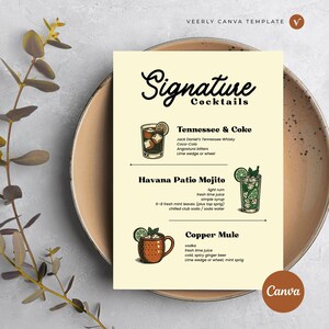 May include: A drinks menu card titled "Signature Cocktails" displays illustrations and ingredients for Tennessee & Coke, Havana Patio Mojito, and Copper Mule. The card is on a beige background, with a brown plate and green leaves.